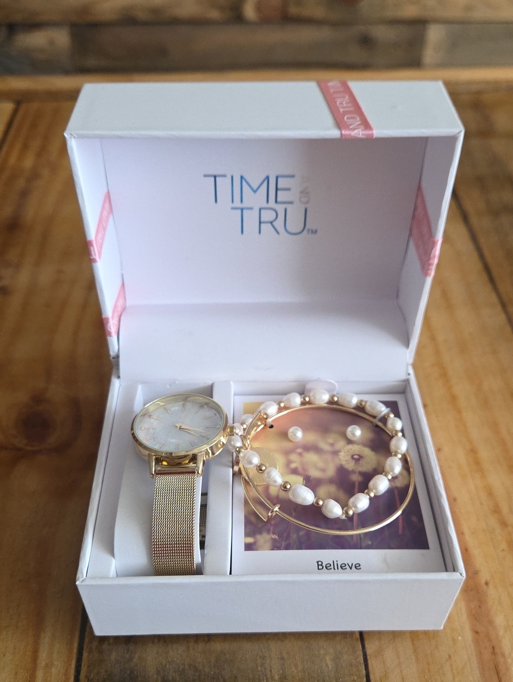 Gold Mesh Watch and Pearl Bracelet Set - Gold